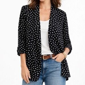 NWT Chicos Black Ruched‎ 3/4 Sleeve Blazer Size L 2 Pockets Polka Dots Girl Boss